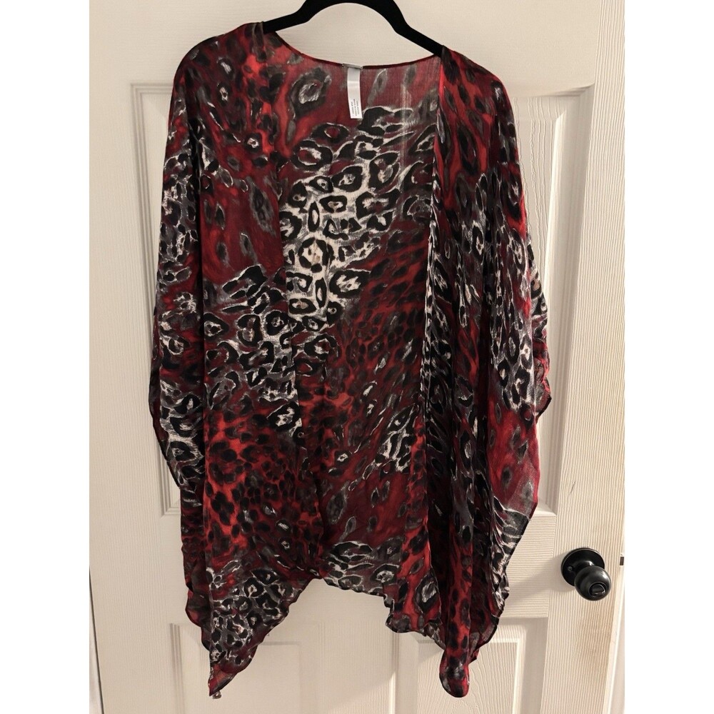 Chico's Red Black Leopard Print‎ Rayon Kimono Wrap Open Front Cardigan One Size